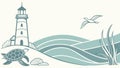 Lighthouse Coastal Turtle, Maritime Scene Vector Illustration, Ocean Navigation, vector design Generative AI Royalty Free Stock Photo