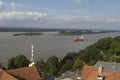 Lighthouse and container ship Hamburg, Blankenese, Germany