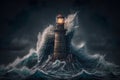 Lighthouse With Decaying Color, Massive Waves Crash And Splash Fierce Sea - Generative AI