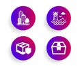 Lighthouse, Delivery insurance and Skyscraper buildings icons set. Package box sign. Vector