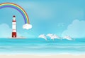 Lighthouse with Dolphin in the sea and rainbow background Royalty Free Stock Photo