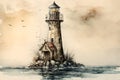 Lighthouse drawing seascape picture retro poster generative ai