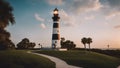 lighthouse at dusk lighthouse is a magical tower that is guarded by a powerful wizard who casts spells from the top Royalty Free Stock Photo