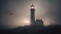 lighthouse at dusk A scary lighthouse in a foggy night, with a , a crow, Royalty Free Stock Photo