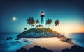 Lighthouse on the edge of a sandy beach. Generative Al Illustration Royalty Free Stock Photo