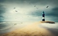 Lighthouse on the edge of a sandy beach. Generative Al Illustration