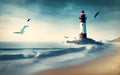 Lighthouse on the edge of a sandy beach. Generative Al Illustration