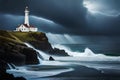 A lighthouse on the edge of sea at dark evening
