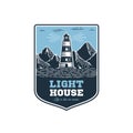 Lighthouse badge on dark blue Vector illustration.