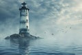 A lighthouse emerges from mist, standing sentinel over a calm sea, with birds in flight enhancing the sense of Royalty Free Stock Photo