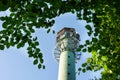 A lighthouse emerging from behind the trees. Royalty Free Stock Photo