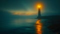 A lighthouse emits a warm glow over a tranquil sea under a starry sky at dusk.