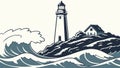 Lighthouse enduring rough waves, coastal protection, vector design Generative AI Royalty Free Stock Photo