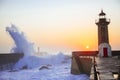 Lighthouse Felgueirasin Porto with wave splash at sunset Royalty Free Stock Photo