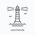 Lighthouse flat line icon. Vector outline illustration of sea beacon, nautical safety light tower. Pharos thin linear Royalty Free Stock Photo