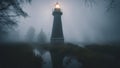 lighthouse in fog A lighthouse in a haunted swamp, where ghostly figures and eerie sounds lurk in the fog