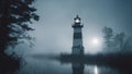 lighthouse in the fog A lighthouse in a haunted swamp, where ghostly figures and eerie sounds lurk in the fog.