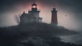 lighthouse in the fog A scary lighthouse in a foggy night, with a , a crow, Royalty Free Stock Photo