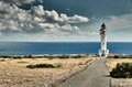 Lighthouse on the Formentera island, Spain, the blue sky with white clouds, without people, car is on a path to Royalty Free Stock Photo