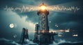 Lighthouse guiding through storm with data analytics, financial charts, and waveform visualization Royalty Free Stock Photo