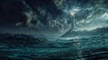Lighthouse guiding through stormy digital ocean Royalty Free Stock Photo