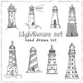 Lighthouse hand drawn doodle set. Isolated elements on white background. Symbol collection. Royalty Free Stock Photo