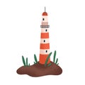 Lighthouse, high striped tower on sea coast. Kids light house on island. Beacon building for childs t-shirt print
