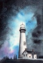 A lighthouse on the hill at starry night Royalty Free Stock Photo