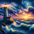 A lighthouse with hokusai waves, huricane winds, seashore, stormy at night, twilight sky, painting art, Van Gogh style Royalty Free Stock Photo