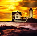 The lighthouse and the house of the keeper of the lighthouse on the hill against the sunset sky.