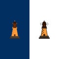 Lighthouse, House, Light, Beach, Ocean  Icons. Flat and Line Filled Icon Set Vector Blue Background Royalty Free Stock Photo