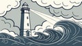 Lighthouse illuminated by bright light against fierce waves. vector design Generative AI Royalty Free Stock Photo