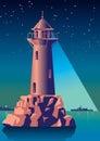 Lighthouse Illuminates The Ship In Night Sea. Vintage Illustration Art Deco