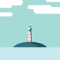 Lighthouse on an island landscape vector illustration. Summer holiday postcard template in modern flat design, artistic