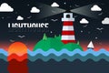 The lighthouse on island at night with trees and clouds. Royalty Free Stock Photo