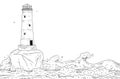 Lighthouse on island among stormy sea waves. Seascape with signal tower searchlight and water for banner design. Vector Royalty Free Stock Photo