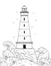 Lighthouse on island among stormy sea waves. Seascape with signal tower searchlight and water for banner design. Vector Royalty Free Stock Photo