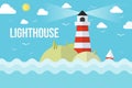 The lighthouse on island with trees and clouds. Royalty Free Stock Photo