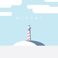 Lighthouse on the island vector illustration. Winter cold colors. Royalty Free Stock Photo