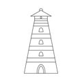 Lighthouse isolated on white background. Black outline graphic illustration. For coloring book page. For kids books. Sea navigatio