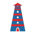 Lighthouse isolated on white background. Classic blue, red and white. Simple flat illustration. Cartoon geometric style. Navigatio Royalty Free Stock Photo