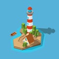 Lighthouse isometric. Sea ocean boat beach small island with navigation lighthouse and building vector picture Royalty Free Stock Photo