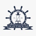 Lighthouse label, logo or badge template. Vector illustration.