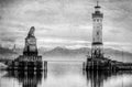 Lighthouse on lake Bondesee made in retro black and white style.