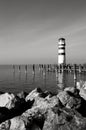 Lighthouse at Lake Neusiedl  beautiful Black and White photography panorama at sea. Neusiedler See, Burgenland, Austria. Royalty Free Stock Photo