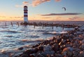 Lighthouse at Lake Neusiedl at sunset