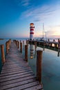 Lighthouse at Lake Neusiedl at sunset near Podersdorf, Burgenland, Austria