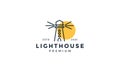 Lighthouse line art outline with sunset minimalist logo vector icon design Royalty Free Stock Photo