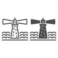 Lighthouse line and solid icon, nautical concept, beach signal beacon sign on white background, luminous lighthouse icon Royalty Free Stock Photo