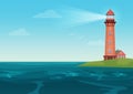 Lighthouse on on the little island cartoon landscape. Beacon in ocean for navigation vector illustration.